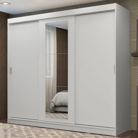 Guarda-Roupa Casal Madesa Kansas 3 Portas de Correr com Espelho 3 Gavetas Branco Cor:Branco