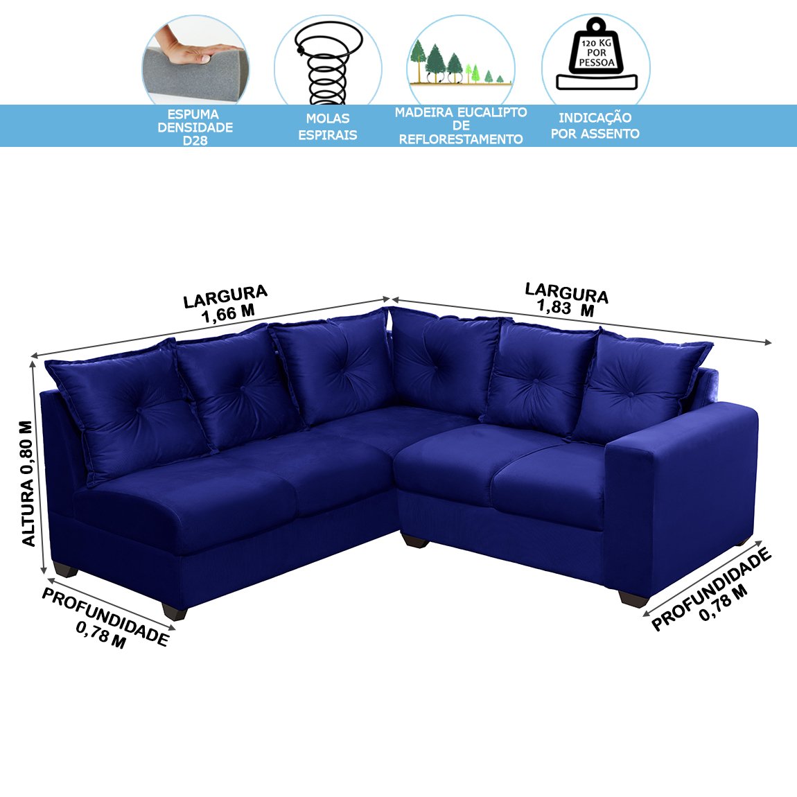 Sofá de Canto Califórnia 1,66x1,83 Metros, Espuma Densidade D28, 4 Lugares, com Molas Espirais, Azul - 5