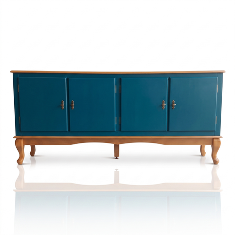 Rack 4 Portas Clássico Pés Luiz Xv Grande MDF Laca Sala Ecomem Azul Petróleo - Imbuia