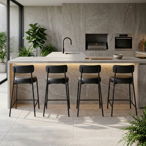 Banqueta Cozinha Média com Encosto Industrial Preto Kit 4 Londres PU Preto D03 - D'Rossi