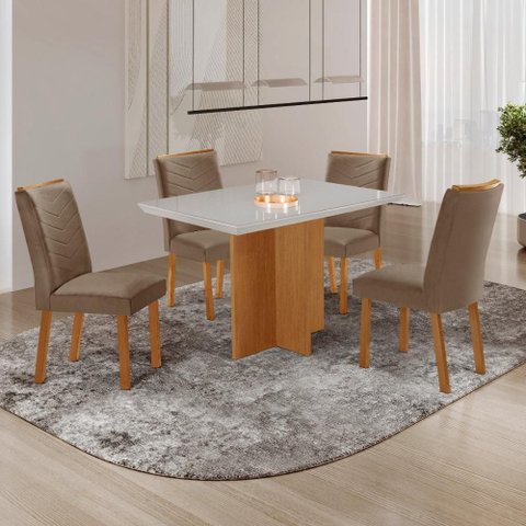 Conjunto Mesa de Jantar 120cm com 4 Cadeiras Estofadas Multimóveis Crrft-CON041 Madeirado/Off White