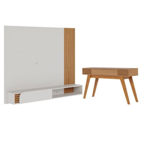 Conjunto Aparador e Painel para TV Maya 160cm MDF-MDP com Porta Gaveta Nicho Off White Matte Freijó
