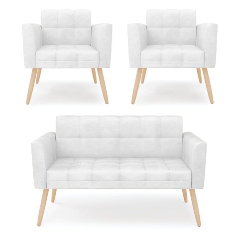 Kit 1 Sofá Namoradeira e 2 Poltronas Elisa Corano Pés Palito Natural - D’Rossi Sofá Namoradei