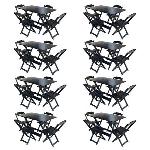 Kit 8 Conjuntos De Mesa Com 4 Cadeiras De Madeira Dobravel 120X70 Preto - Preto
