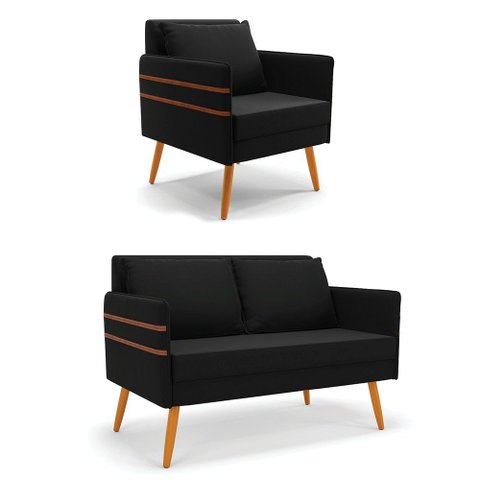 Kit 01 Namoradeira 02 Lugares e 01 Poltrona Mari Suede Pés Palito Castanho - D’rossi Preto
