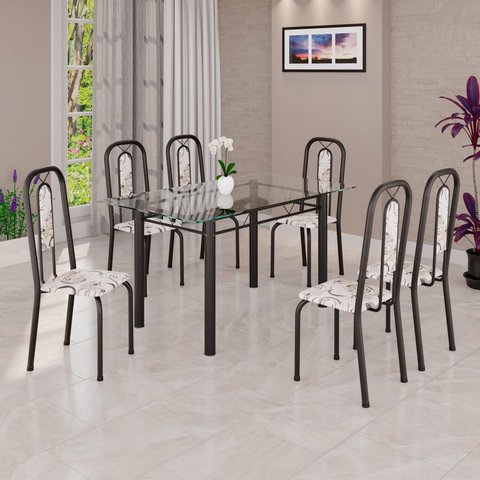 Conjunto para Sala de Jantar com 6 Cadeiras Lívia Preto/Arabesco