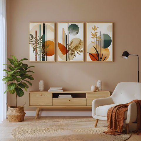Kit 3 Quadros Boho Abstrato Folhagem Nude com Moldura:castanho
