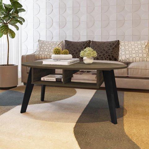 Mesa de Centro Tampo Oval 2 Nichos 100 Cm Pinho Preto Arly