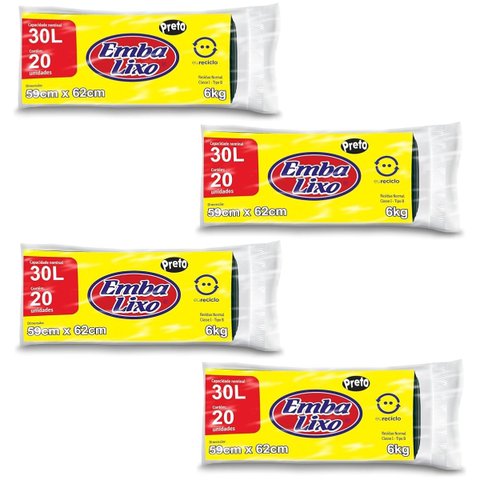 Kit 4 Pacotes Sacos de Lixo Preto Reciclado Resistente Reforçado 30 Litros 59cm x 62cm Pacote com 20