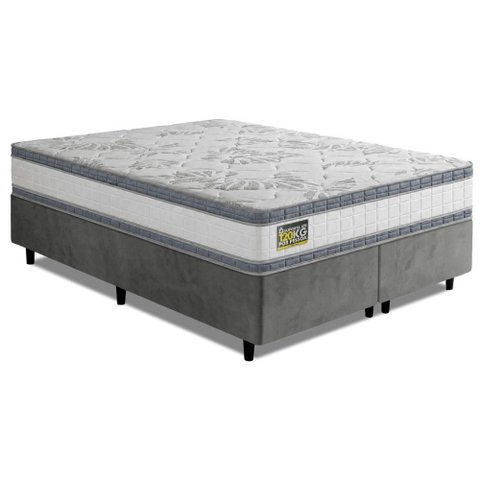Cama Box com Colchão Queen Molas Ensacadas D33 Double Face Tecido Malha Branco e Cinza Hellen