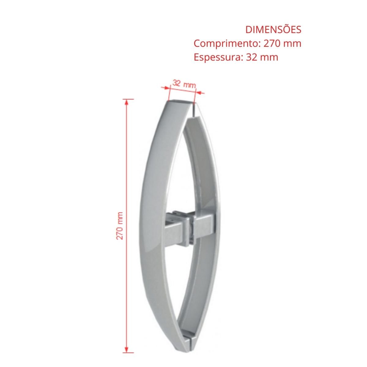 Puxador curvo com 1 furo 27cm para porta de vidro e portão - Cromado - 4