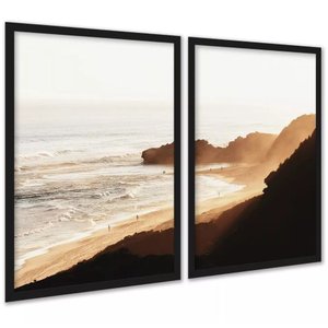 Kit 2 Quadros Praia Areia Degradê Marrom 24x18cm - com Vidro:moldura Branca