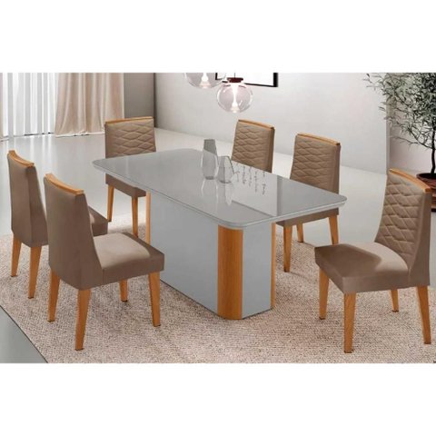 Sala de Jantar Completa Pietá C/ Tampo Madeirado C/ Vidro Canto Curvo 180x90cm e 6 Cadeiras