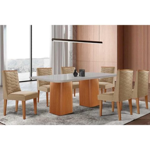 Sala de Jantar Completa Maldivas C/ Tampo Madeirado C/ Vidro Canto Curvo 180x90cm e 6 Cadeiras Dafne