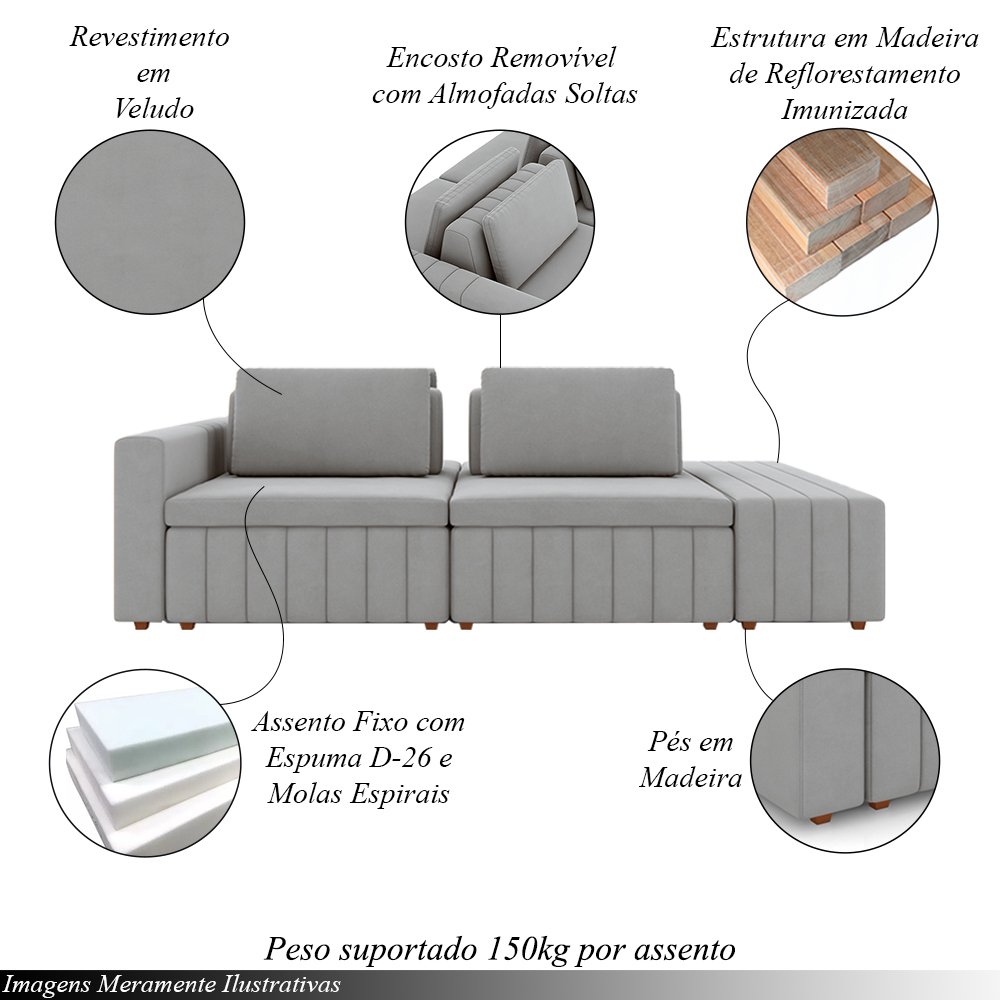 Sofá Ilha com Encosto e Almofadas Móveis Olimpo 285cm Modulado Veludo Cinza G45 - Gran Belo - 3