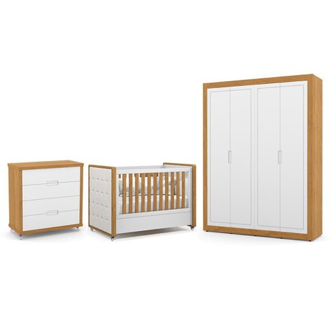 Dormitório Tutto New 4 Portas, Cômoda 4 Gavetas e Berço Branco Soft/freijó com Capitonê - Matic