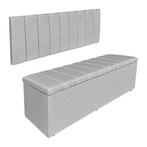 Kit Cabeceira Painel e Calçadeira Baú Casal Queen 1,60m Londres Linho Cinza Dal Poz Estofados