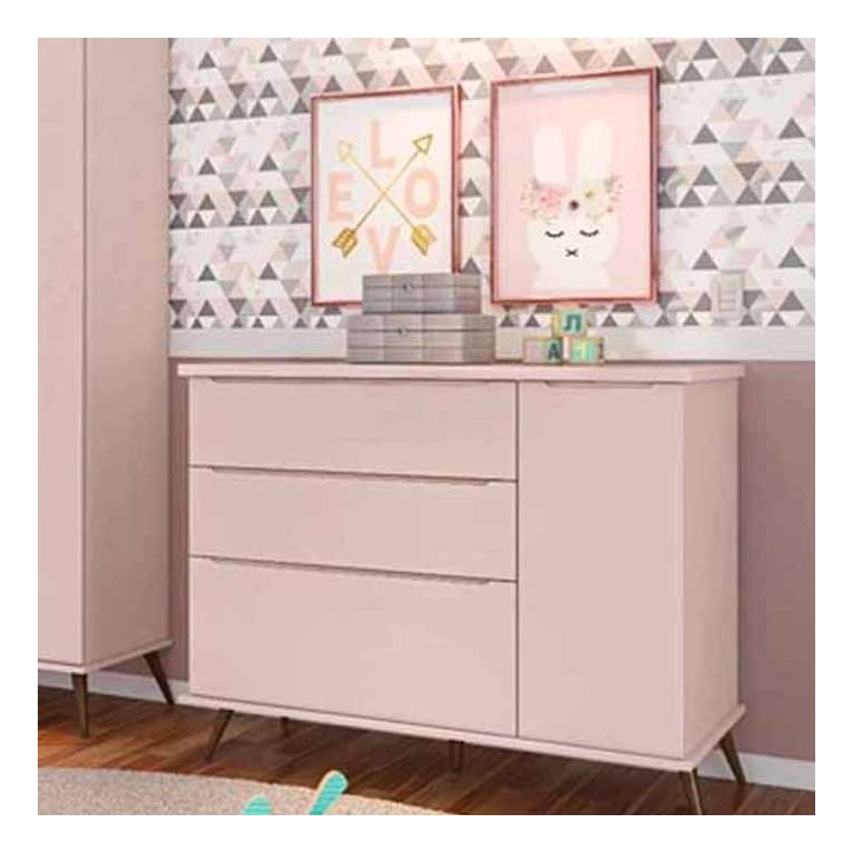 Cômoda Melinda Rosê 100% mdf 3 Gavetas e 1 Porta - Phoenix Baby