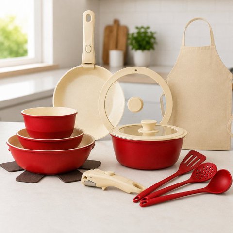 Jogo com 15 Peças com Panelas Tampas e Utensílios - Vermelho