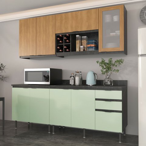 Cozinha Compacta Azaleia 8 Portas e 3 Gavetas com Divisor de Talheres Mármore Lunar/verde Mar/freijó