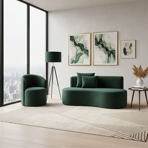 Conjunto 01 Poltrona + Sofá Curvo Orgânico Nature Gaia Veludo Verde - Montanaris Decor