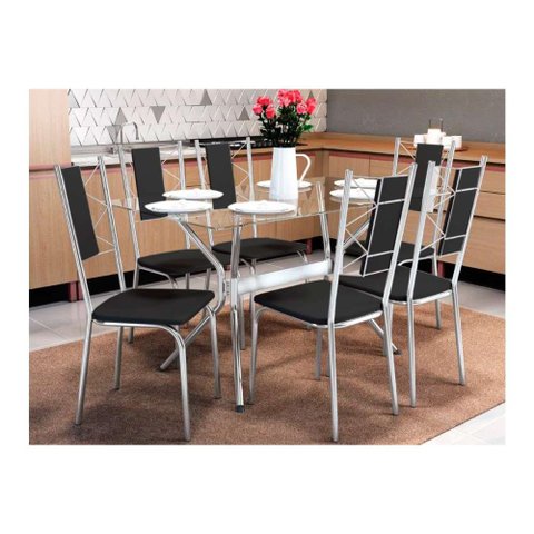 Sala de Jantar Completa Loire c/ Tampo Vidro 150cm + 6 Cadeiras Lisboa Cromado/Courano Preto -