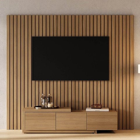 Rack Extensível com Painel Ripado TV 75 Polegadas Planejado 200x180cm Aruá CabeCasa MadeiraOriginals