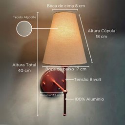 Luminaria de Parede Rose Gold Quarto Solteiro com Interruptor Cupula Bege Algodao + Lampada 3000k Bq - 2