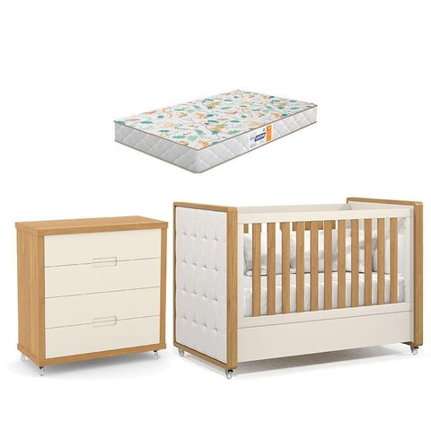 Berço Americano com Capitonê New Boucle e Cômoda Gaveteiro Infantil Tutto New Freijó Off White e Col