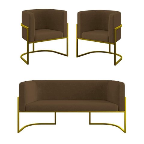 Kit 2 Poltronas + Sofá 2 Lugares Base de Metal Gold Balaqui Marrom