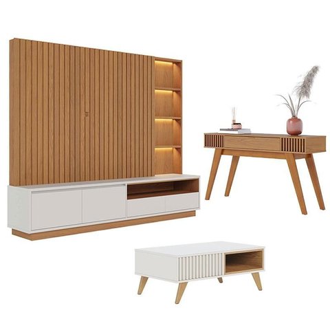 Estante Home Theater Cancún Freijó Off White Matte com Mesa de Centro Jeri Off White Freijó e Aparad