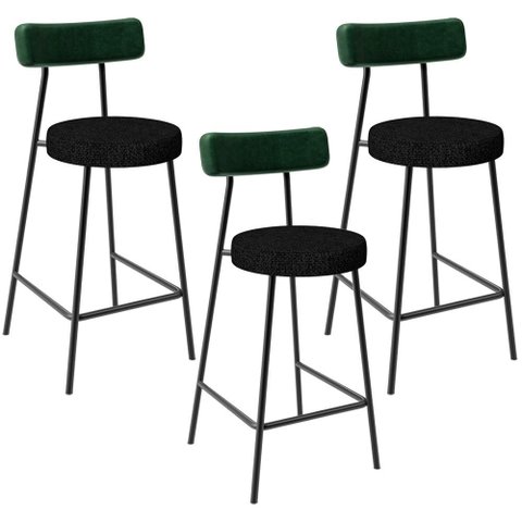 Kit 03 Banquetas Baixa Bar Cozinha e Sala de Jantar Milão L02 Facto Verde Linho Chumbo - lyam