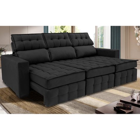 Sofá Retrátil e Reclinável 2.50m Molas Ensacadas e Costura Tripla Cama inBox Nobre Suede Preto