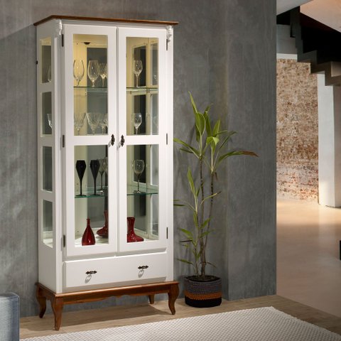 Cristaleira com Espelho e Led 2 Portas e Laterais em Vidro 60303el Linz Móveis - Branco/imbuia
