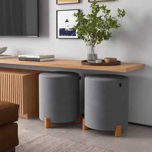 Kit 2 Puff Banqueta Veludo Premium Pés Madeira Maciça 45x34 Cinza