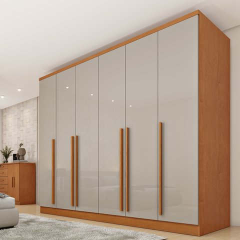 Guarda-Roupa Casal 6 Portas 8 Gavetas e Puxador MDF Yescasa Cinamomo/Off White Portugal