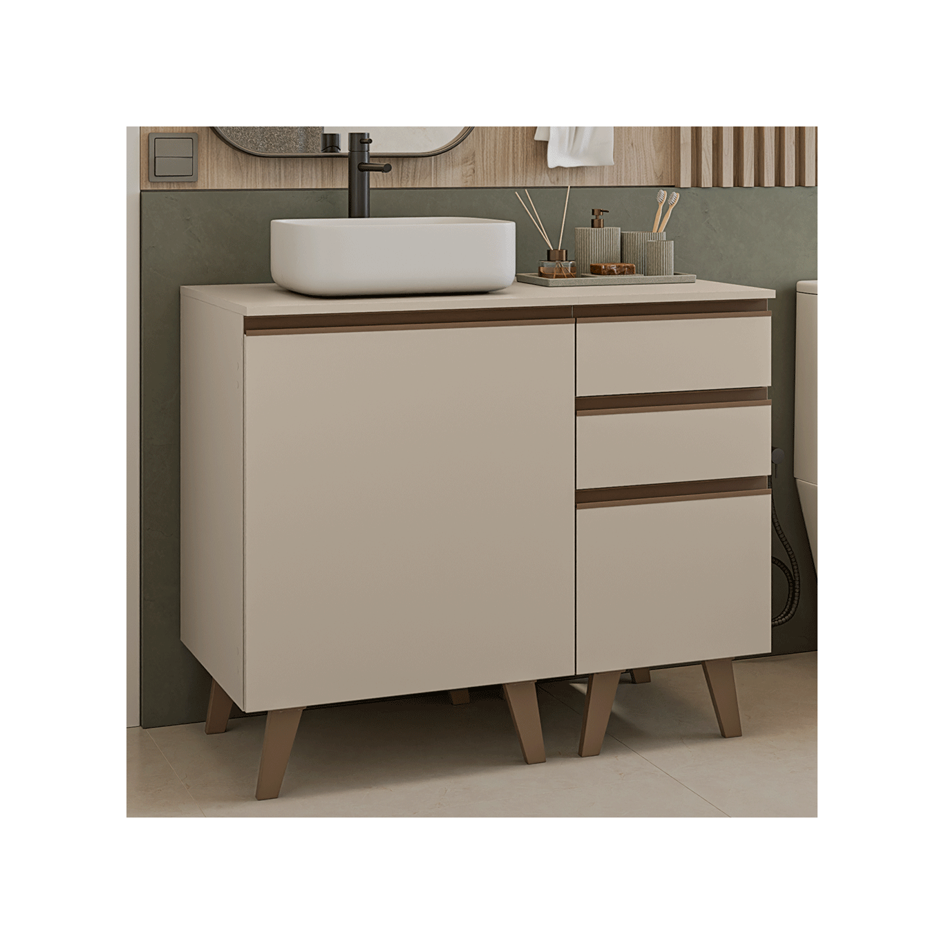 Gabinete para Banheiro 100cm 1 Porta 3 Gavetas Crema Nice Madesa