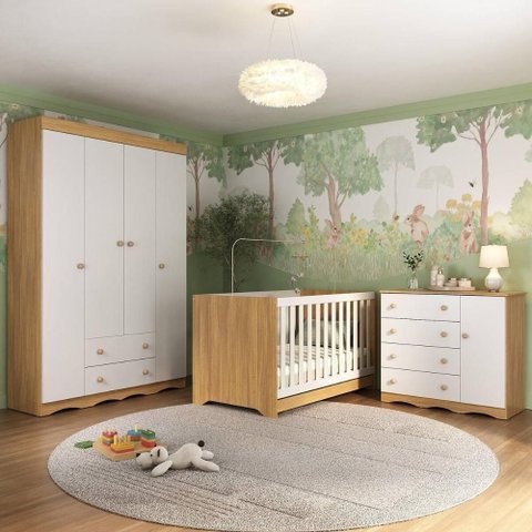 Quarto de Bebê Completo Berço Americano 3 em 1 Colchão Realeza Multimóveis Mp4599 Madeirado/