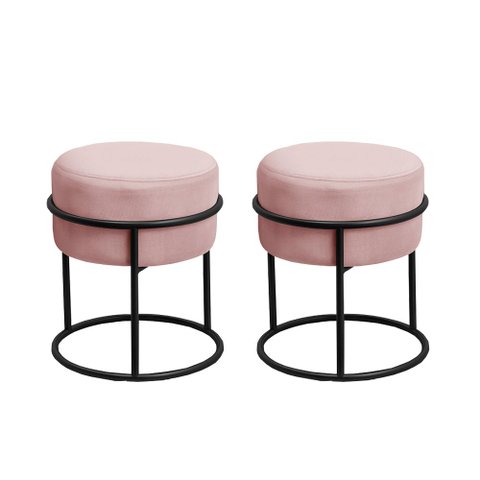 Kit 2 Puff Redondo Decorativo Estofado em Veludo Base Metálica Preta Cor Rosé
