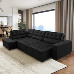 Sofá de Canto Retrátil e Reclinável com Molas 3,40x2,00 Marília Suede Preto Rover & Beato - 3