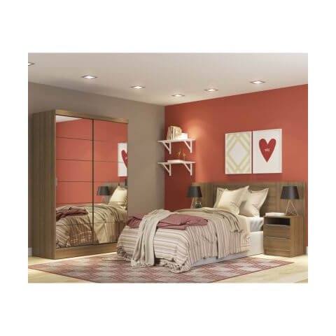 Quarto Completo com Guarda Roupa Luke 2 Portas de Espelho e Cabeceira com 2 Mesas de Cabeceira Mades