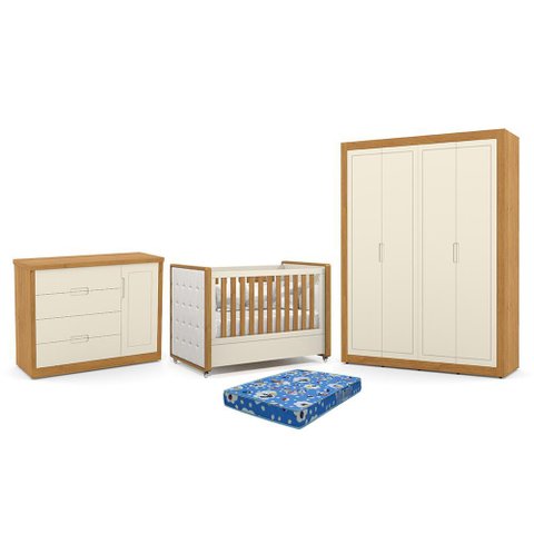 Dormitório Tutto New 4 Portas, Cômoda 1 Porta e Berço Off White/freijó com Capitonê e Colchão