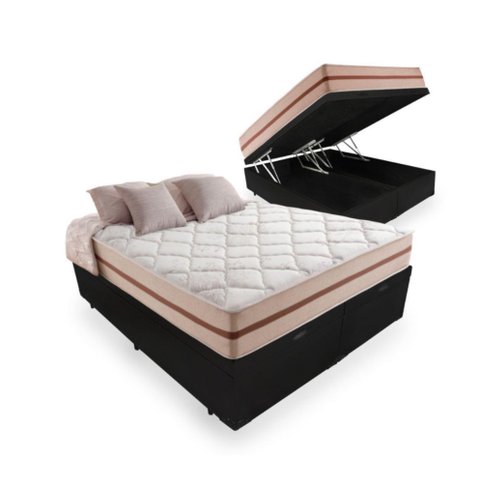 Cama Box Baú Queen Bipartido Tecido Sintético Preto com Colchão Pillow Angel - Bello Box - Molas Ens