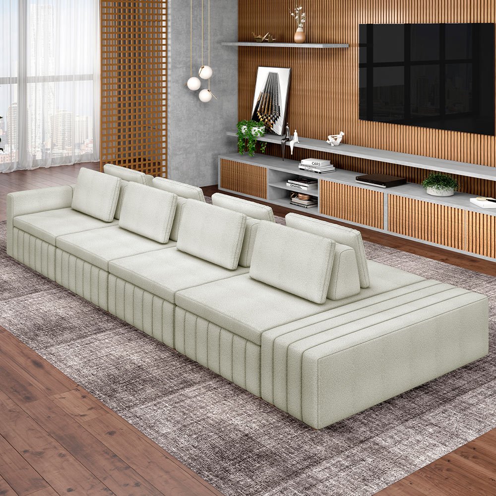 Sofá Ilha com Puff para Sala Living 465cm Amber M03 Bouclê Bege Claro - Lyam Decor - 2