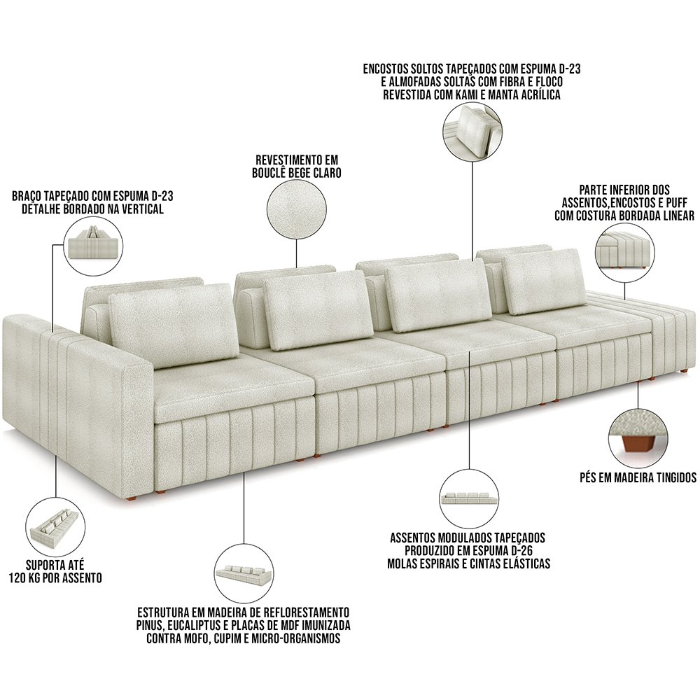 Sofá Ilha com Puff para Sala Living 465cm Amber M03 Bouclê Bege Claro - Lyam Decor - 4