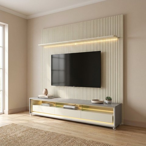Rack com Painel para TV para 90 Polegadas com LED, em MDF e Pés em Madeira Maciça Cinza Off-White