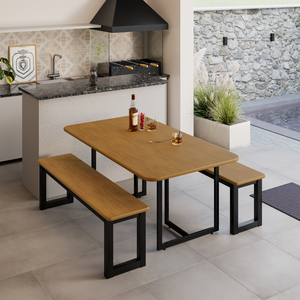 Conjunto de Mesa Jantar 2 Bancos Industrial 4 Lugares Reforçada Estilo Contemporâneo