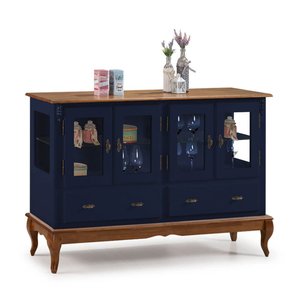 Buffet Aparador 4 Portas 2 Gavetas Prateleiras em Vidro 60510 Linz Móveis - Azul Petróleo/imbua