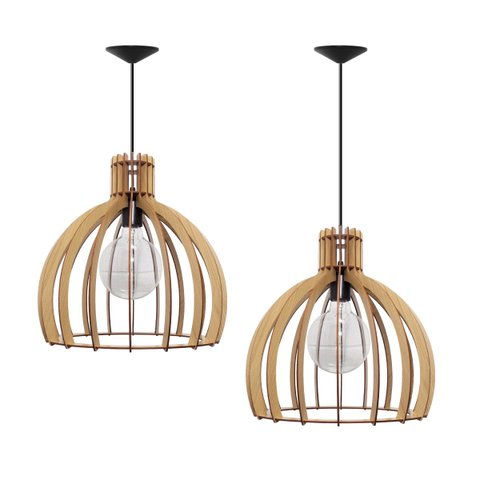 Kit 2 Luminárias Lustre Pendente Madeira Vazado Aletado Soq E27 35x36cm Cor:marfim