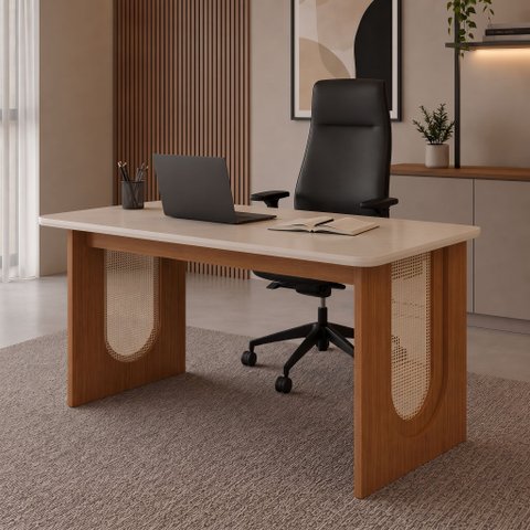 Escrivaninha Mesa Escritório MDF Tampo de Vidro 130cm Valentina Marrom